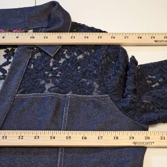 Elena Wang Top Womens L Indigo LS Lace Pullover Chambray Stretch Boho Whimsigoth - Picture 5 of 13